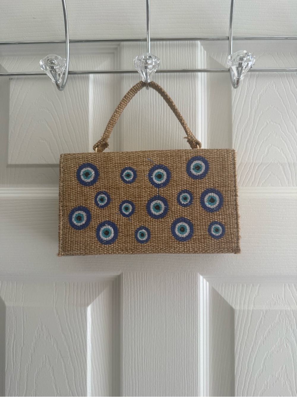 Handwoven Natural Straw Clutch with Blue Evil Eye Embroidery